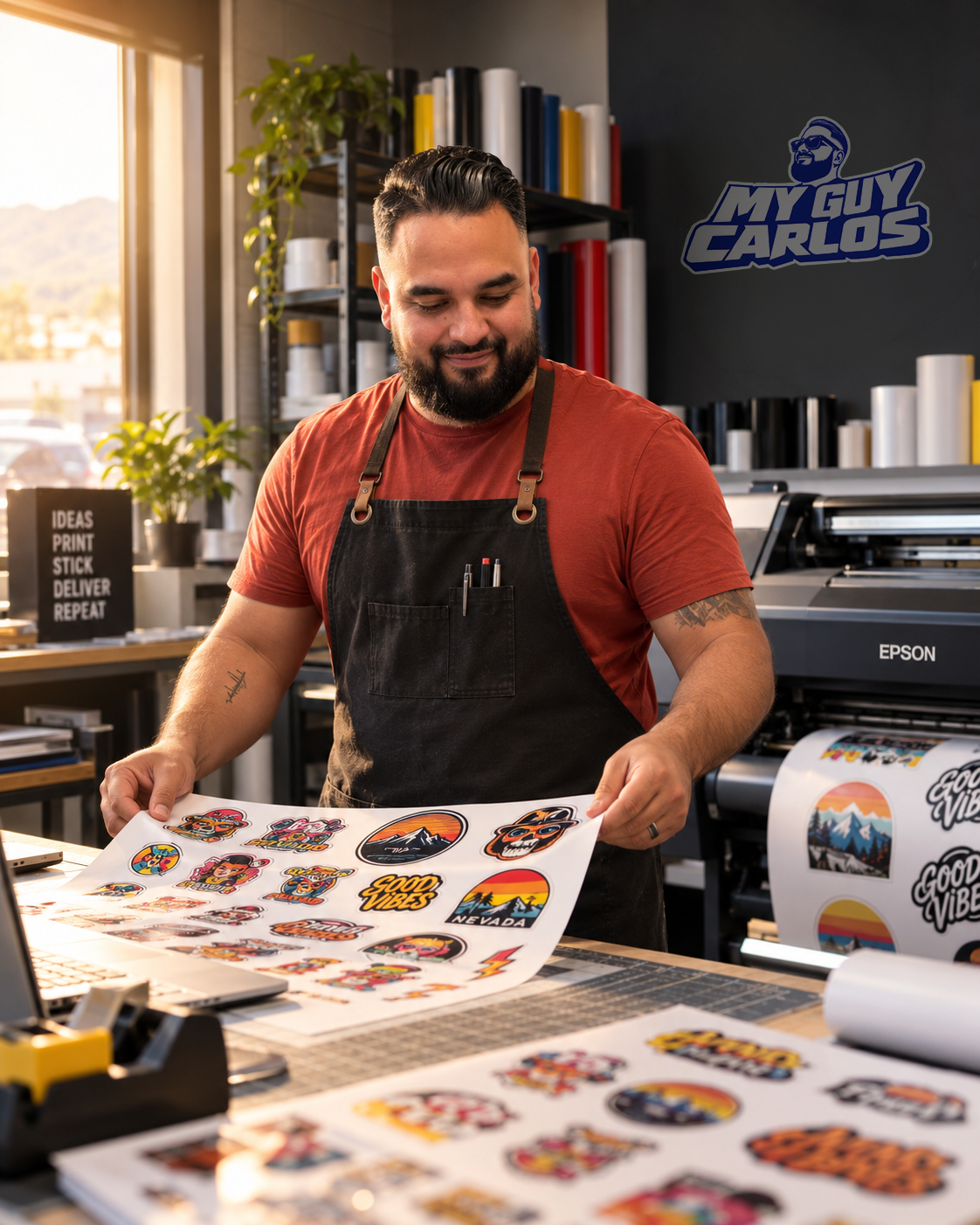 Carlos in his Reno sticker studio holding a fresh sheet of custom stickers