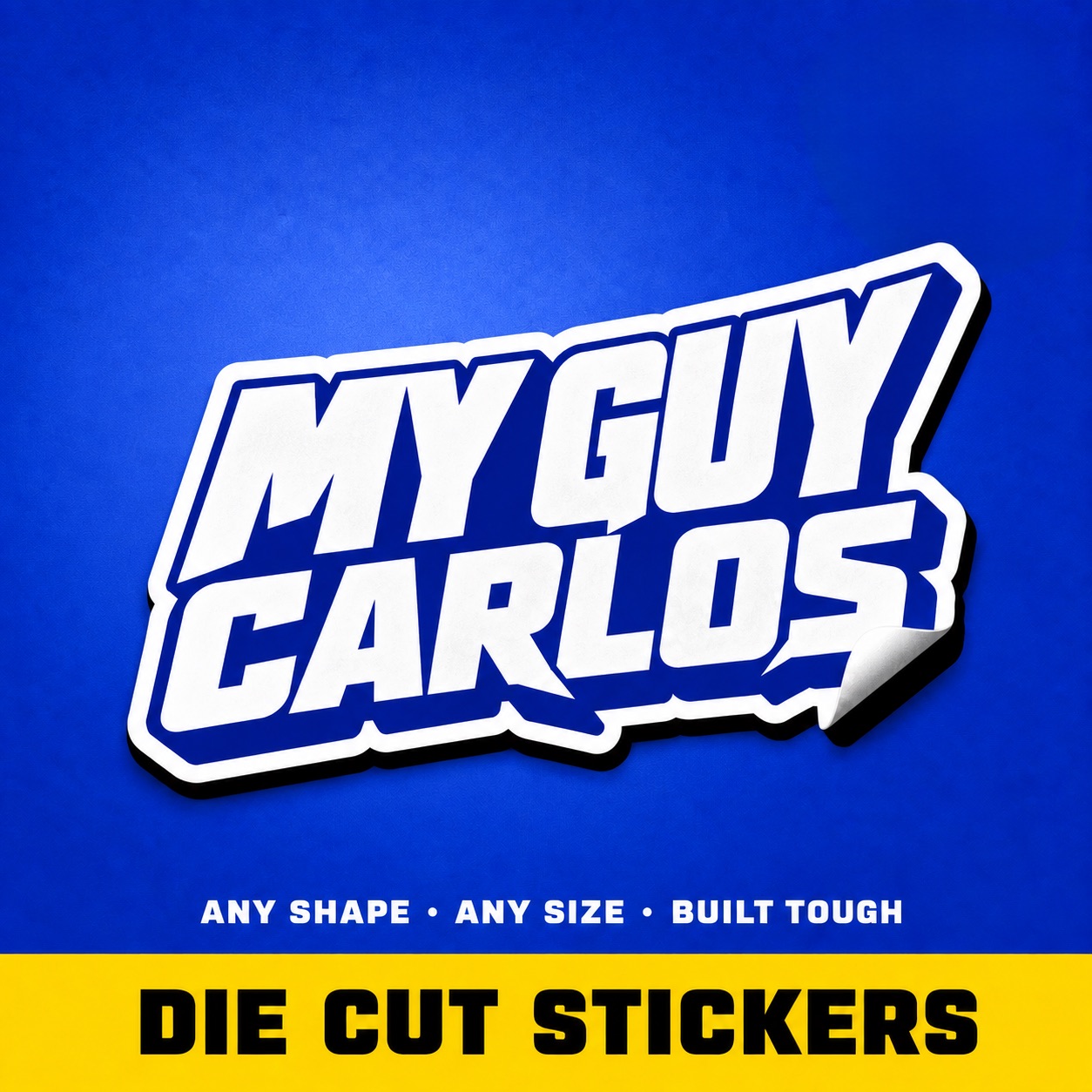 Die-cut vinyl sticker with the MyGuyCarlos logo peeling off the backing