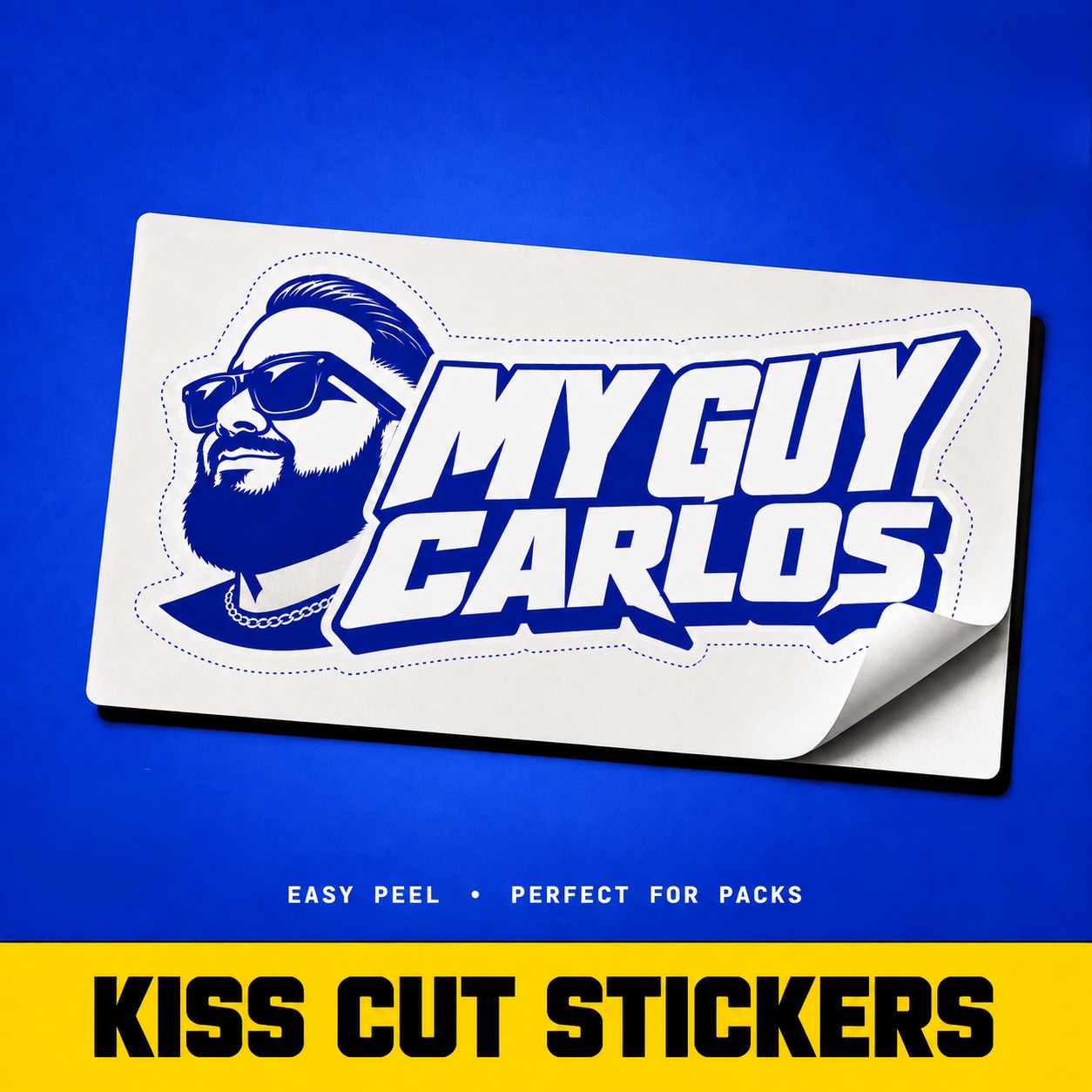 Kiss-cut sticker sheet with the MyGuyCarlos logo and easy-peel corner